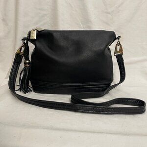 Tignanello Black Leather Shoulder Bag Purse w/ Double Compartments Tassle
